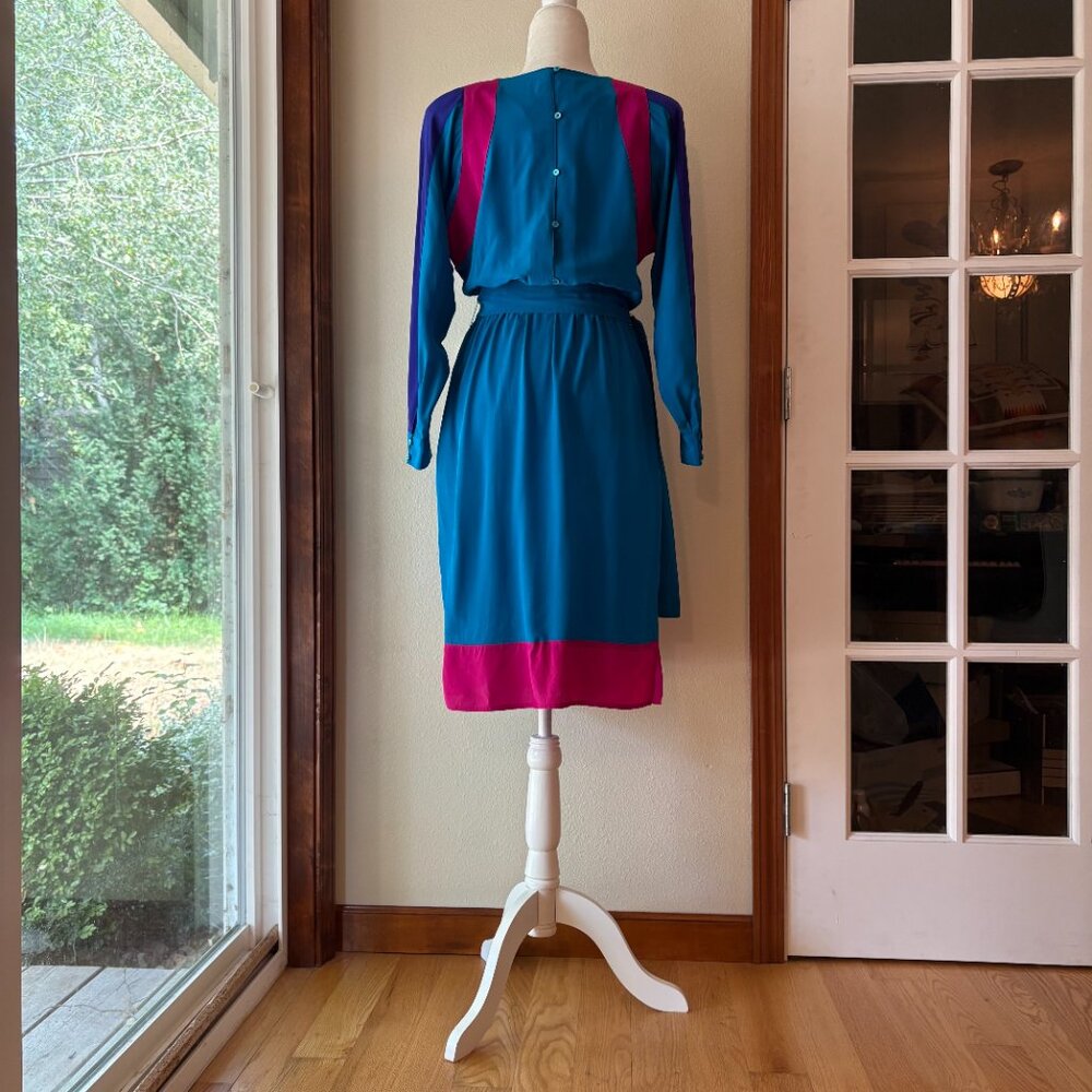 VTG 80s Argenti 100% Silk Midi Dress Colorblock Teal Barbie Pink Mrs. Wheeler - Picture 6 of 9